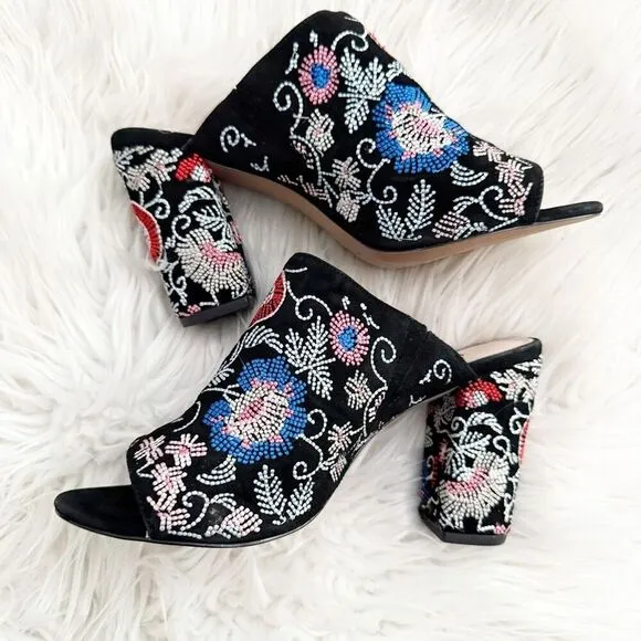 AVEC LES FILLES | Margaux Embroidered Block Heel Slides Sandals Floral | 6.5