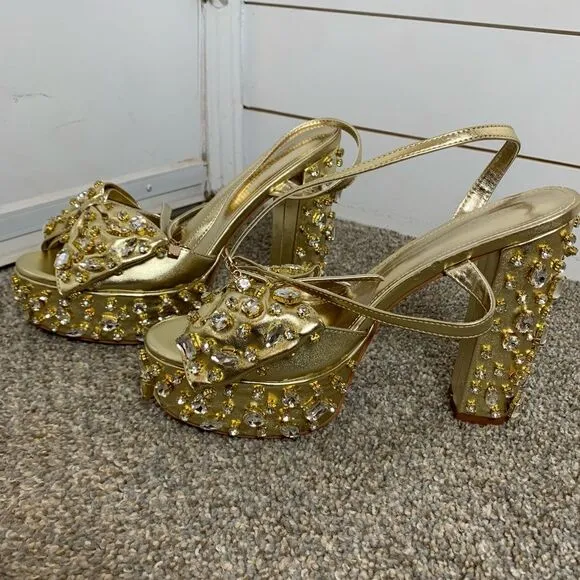 Azalea Wang MAYA-GOLD rhinestone PLATFORM HEELED SANDAL woman’s size 11