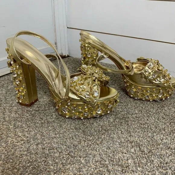 Azalea Wang MAYA-GOLD rhinestone PLATFORM HEELED SANDAL woman’s size 11