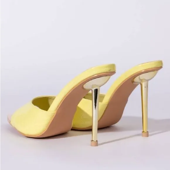 Azalea Wang Yellow Vegan Crocodile Leather High Heel Mule Sandals