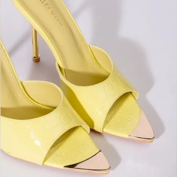 Azalea Wang Yellow Vegan Crocodile Leather High Heel Mule Sandals