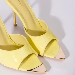 Azalea Wang Yellow Vegan Crocodile Leather High Heel Mule Sandals