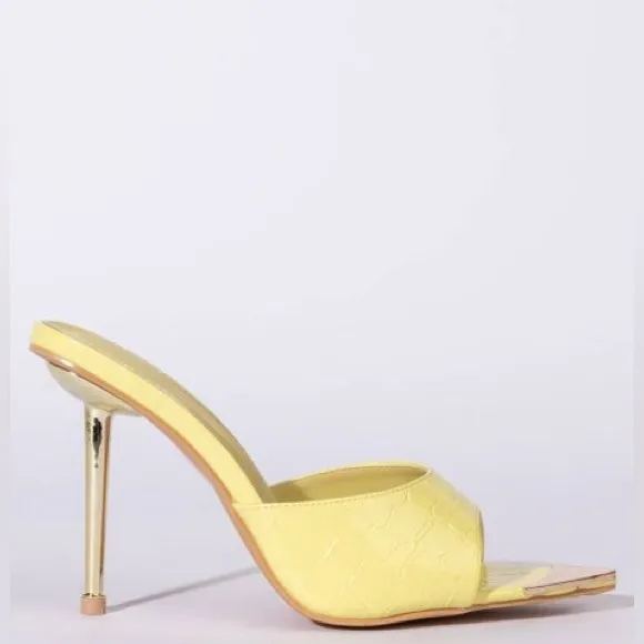 Azalea Wang Yellow Vegan Crocodile Leather High Heel Mule Sandals