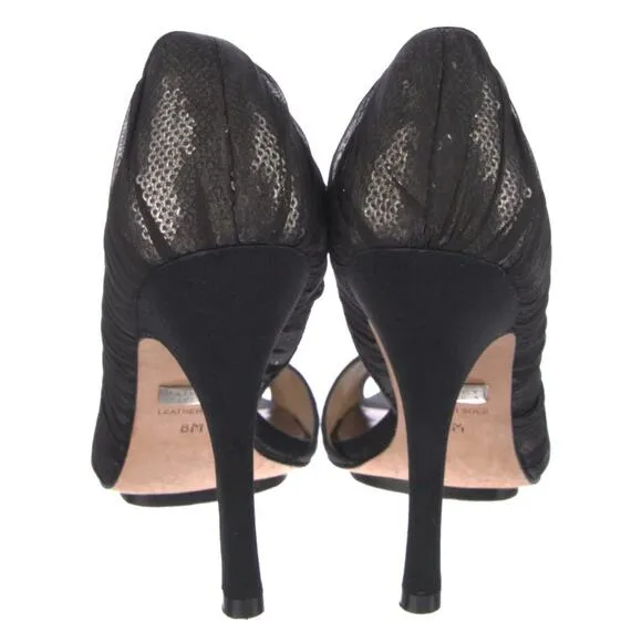 Badgley Mischka Black Chiffon &amp; Sequin Stiletto Heels Peep Toe Platform Sz 8