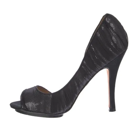 Badgley Mischka Black Chiffon &amp; Sequin Stiletto Heels Peep Toe Platform Sz 8