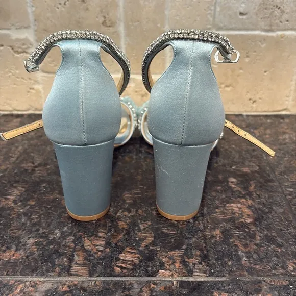 Badgley Mischka Clara embellished strap block heel blue satin heel Size 6 $235