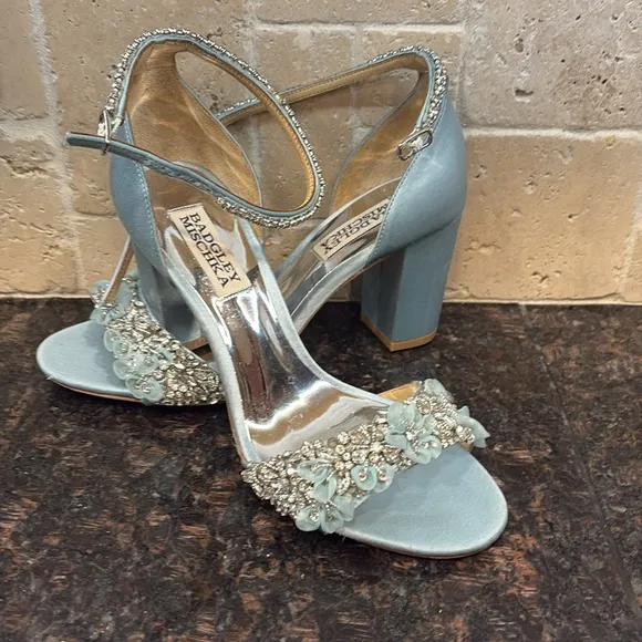 Badgley Mischka Clara embellished strap block heel blue satin heel Size 6 $235