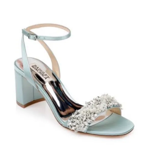 Badgley Mischka Clara embellished strap block heel blue satin heel Size 6 $235