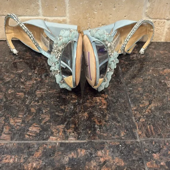 Badgley Mischka Clara embellished strap block heel blue satin heel Size 6 $235