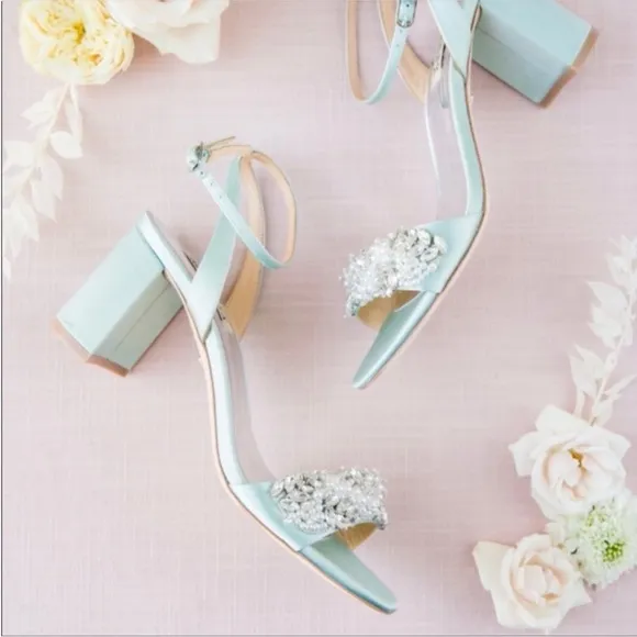 Badgley Mischka Clara embellished strap block heel blue satin heel Size 6 $235