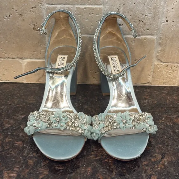 Badgley Mischka Clara embellished strap block heel blue satin heel Size 6 $235