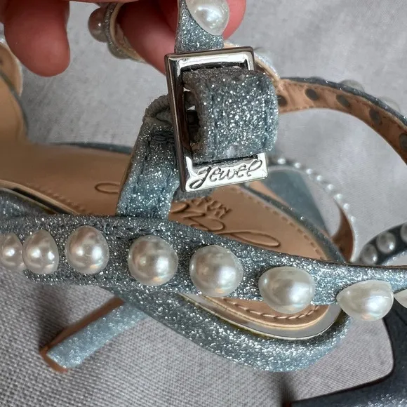 BADGLEY MISCHKA Jewel pearl shimmer high heel sandals pale blue