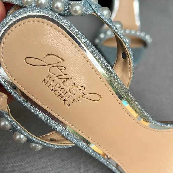 BADGLEY MISCHKA Jewel pearl shimmer high heel sandals pale blue