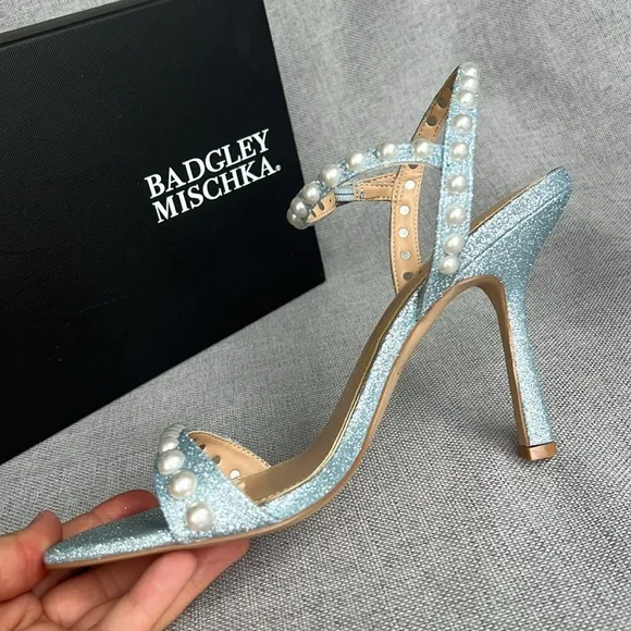 BADGLEY MISCHKA Jewel pearl shimmer high heel sandals pale blue