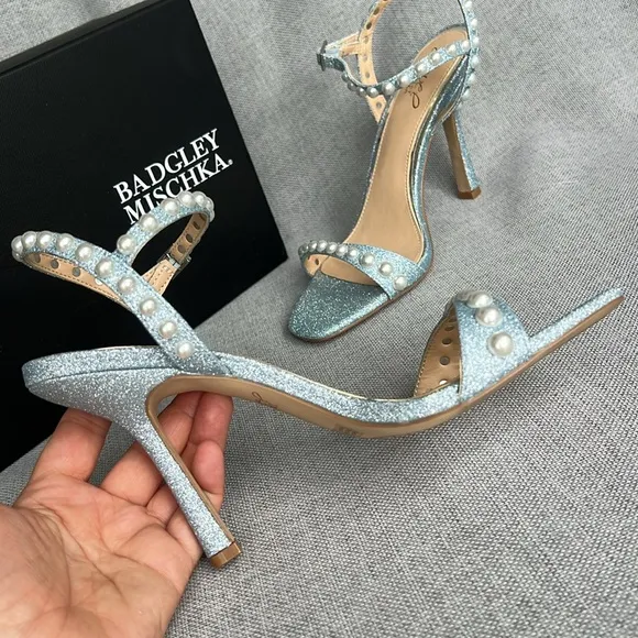 BADGLEY MISCHKA Jewel pearl shimmer high heel sandals pale blue