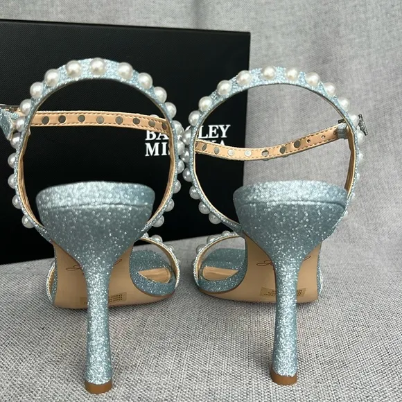 BADGLEY MISCHKA Jewel pearl shimmer high heel sandals pale blue