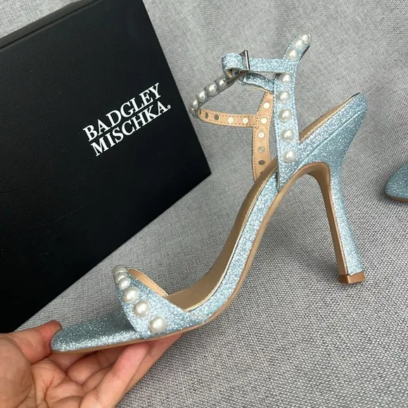BADGLEY MISCHKA Jewel pearl shimmer high heel sandals pale blue