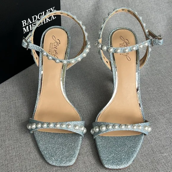 BADGLEY MISCHKA Jewel pearl shimmer high heel sandals pale blue