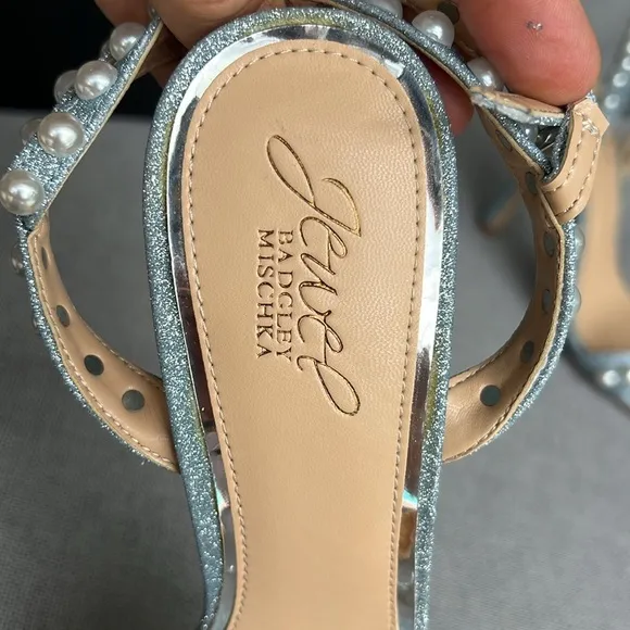 BADGLEY MISCHKA Jewel pearl shimmer high heel sandals pale blue
