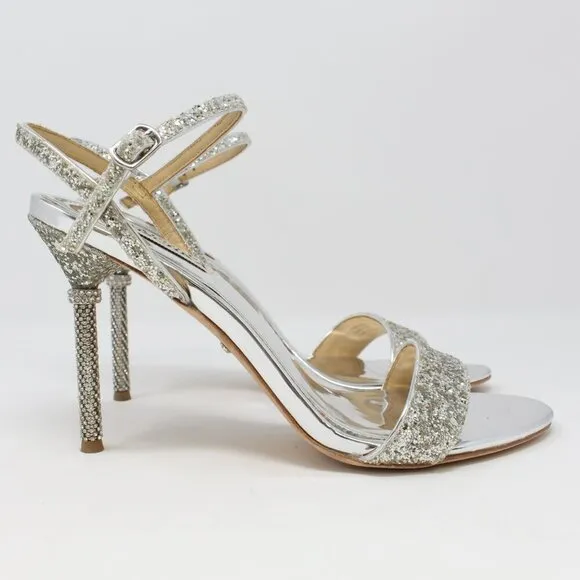 Badgley Mischka Olympia Glitter &amp; Crystal High Heel Sandals Silver Size‎ 8
