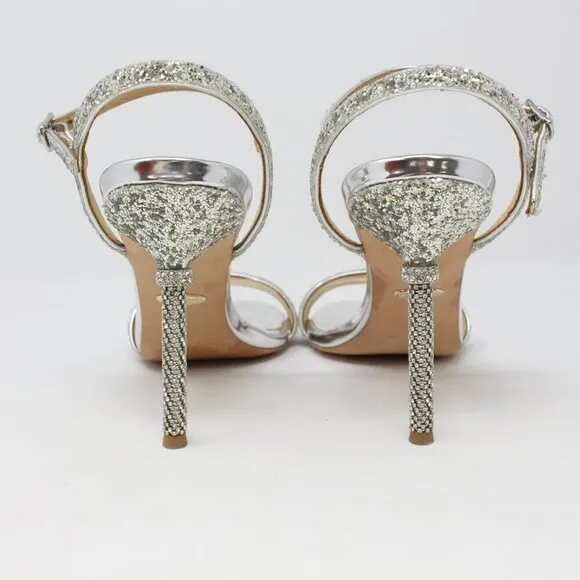 Badgley Mischka Olympia Glitter &amp; Crystal High Heel Sandals Silver Size‎ 8