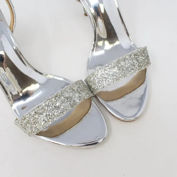 Badgley Mischka Olympia Glitter &amp; Crystal High Heel Sandals Silver Size‎ 8