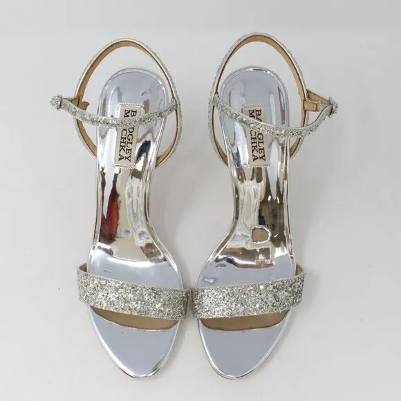 Badgley Mischka Olympia Glitter &amp; Crystal High Heel Sandals Silver Size‎ 8