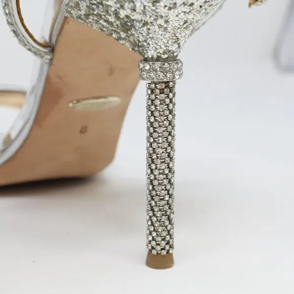 Badgley Mischka Olympia Glitter &amp; Crystal High Heel Sandals Silver Size‎ 8