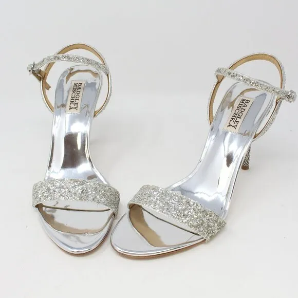 Badgley Mischka Olympia Glitter &amp; Crystal High Heel Sandals Silver Size‎ 8