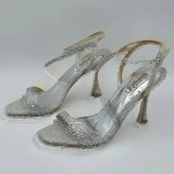 Badgley Mischka Sally Curvy Heel Stiletto Heel Sandals, Silver, Women's Size 6.5