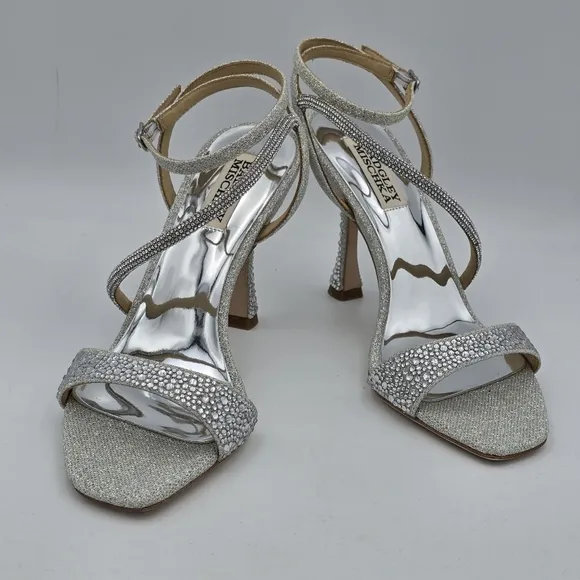 Badgley Mischka Sally Curvy Heel Stiletto Heel Sandals, Silver, Women's Size 6.5