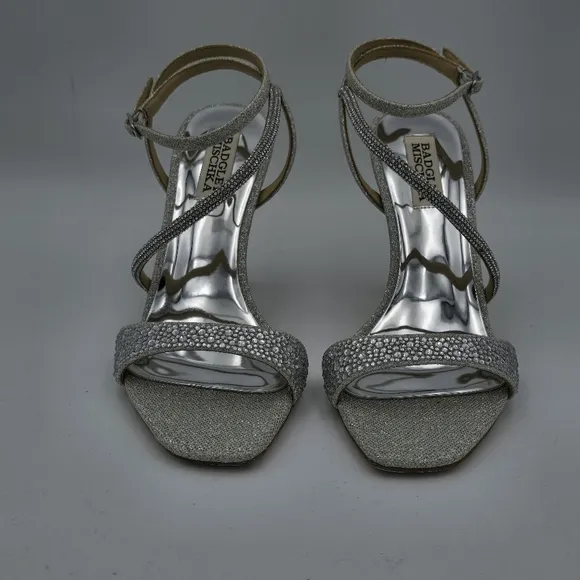 Badgley Mischka Sally Curvy Heel Stiletto Heel Sandals, Silver, Women's Size 6.5