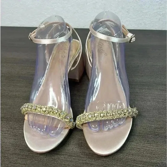BADGLEY MISCHKA - satin and crystal low block heel sandals Size 10