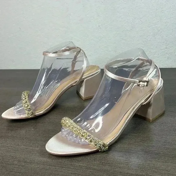 BADGLEY MISCHKA - satin and crystal low block heel sandals Size 10