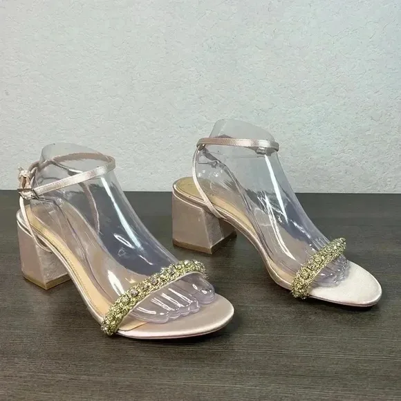 BADGLEY MISCHKA - satin and crystal low block heel sandals Size 10