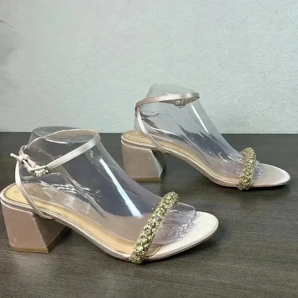 BADGLEY MISCHKA - satin and crystal low block heel sandals Size 10