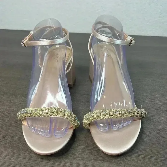 BADGLEY MISCHKA - satin and crystal low block heel sandals Size 10