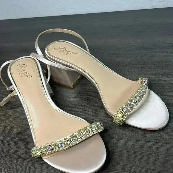 BADGLEY MISCHKA - satin and crystal low block heel sandals Size 10