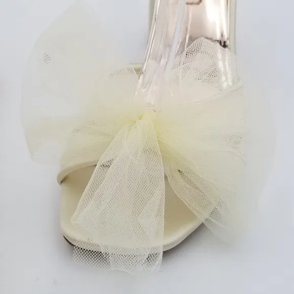Badgley Mischka Tess Block Heel Sandals with Poof Tulle Bows, Ivory, Women's 7.5