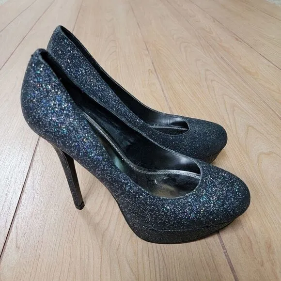BAKERS MELINA BLACK GLITTER PLATFORM SHOES