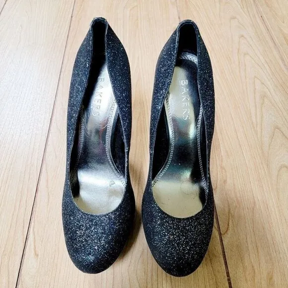BAKERS MELINA BLACK GLITTER PLATFORM SHOES