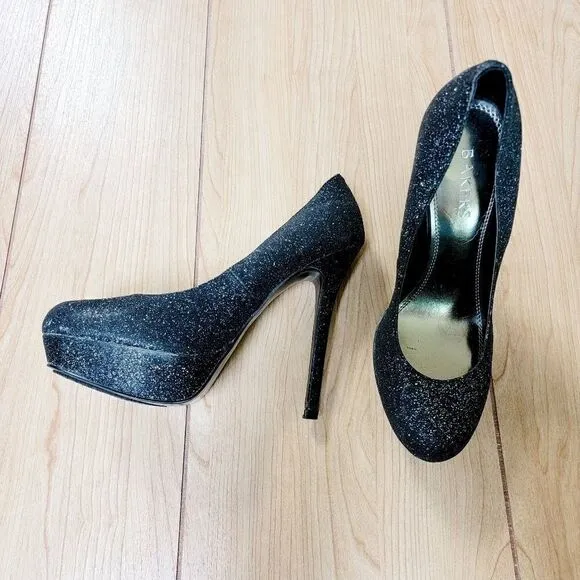 BAKERS MELINA BLACK GLITTER PLATFORM SHOES