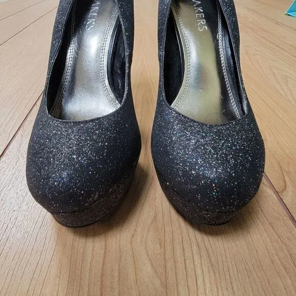 BAKERS MELINA BLACK GLITTER PLATFORM SHOES