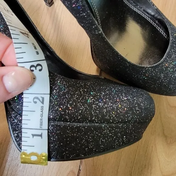 BAKERS MELINA BLACK GLITTER PLATFORM SHOES