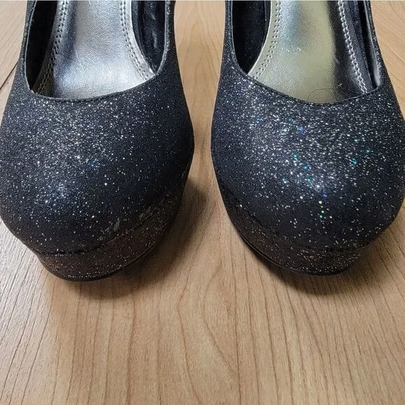 BAKERS MELINA BLACK GLITTER PLATFORM SHOES