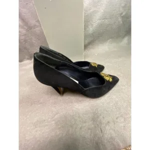 BALLY WOMEN'S PUMP HEEL‎ SHOES BLACK SUEDE W/ GOLD FLOWER SIZE 7 M SLIGHTLY USED