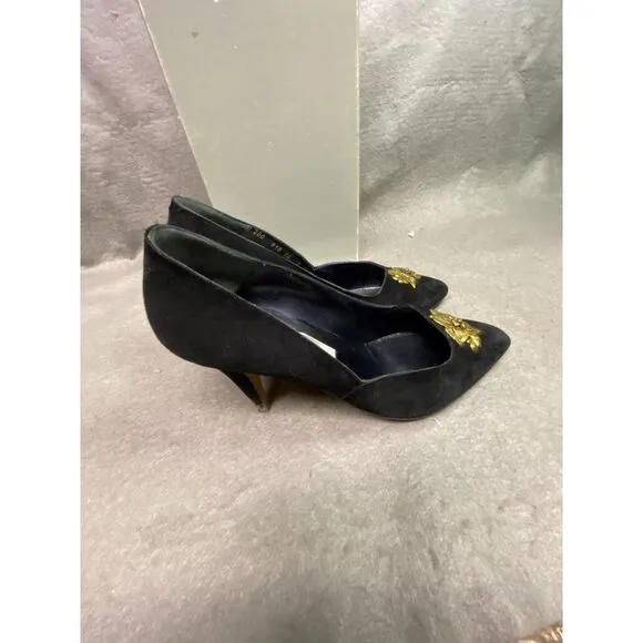 BALLY WOMEN'S PUMP HEEL‎ SHOES BLACK SUEDE W/ GOLD FLOWER SIZE 7 M SLIGHTLY USED