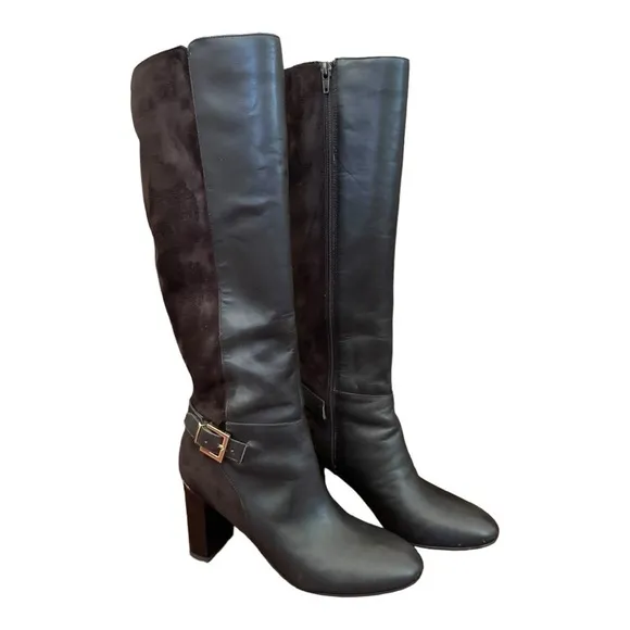 Bandolino Brown Buckle Accent Cushioned Bilya Almond Toe Block Heel Knee Boots