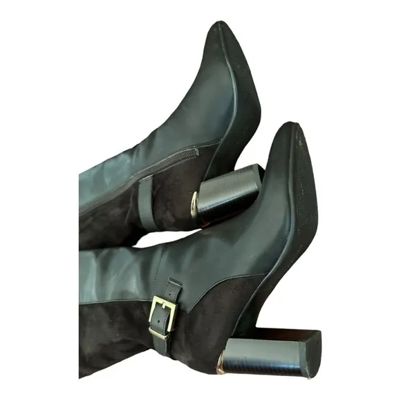 Bandolino Brown Buckle Accent Cushioned Bilya Almond Toe Block Heel Knee Boots