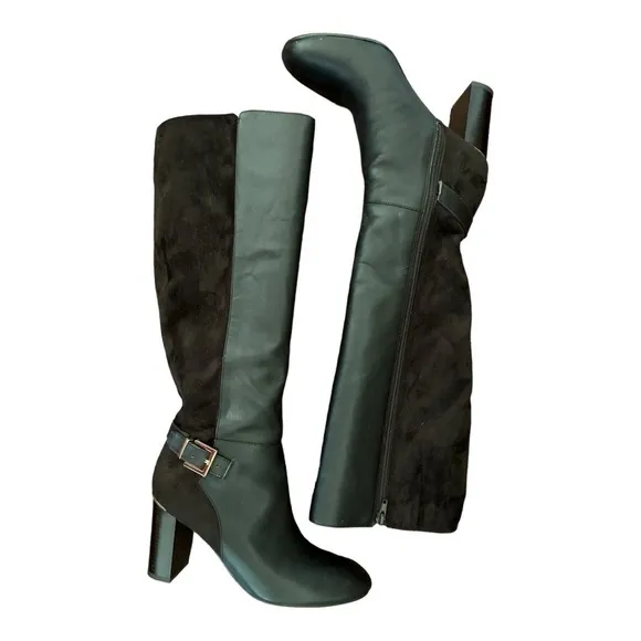 Bandolino Brown Buckle Accent Cushioned Bilya Almond Toe Block Heel Knee Boots